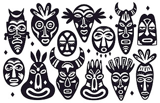非洲古代图腾宗教面具,手绘夏威夷民族面具,仪式面具矢量图集不同形状