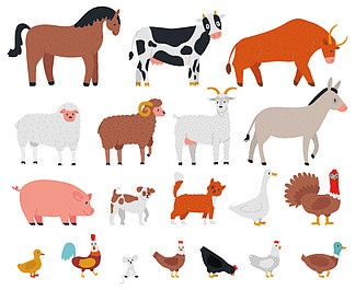 农场动物。牲畜和可爱的宠物、马、<i>牛</i>、公<i>牛</i>、山羊、狗、鹅和猪。乡村家养动物卡通矢量插图集。<i>牛</i>和兔，狗和鸡，牲畜公鸡。农场动物。牲畜和可爱的宠物、马、<i>牛</i>、公<i>牛</i>、山羊、狗、鹅和猪。乡村家养动物卡通矢量插图集