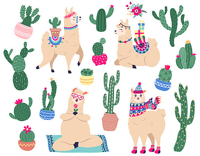 墨西哥可爱的羊驼与沙漠植物,有趣的秘鲁骆驼字符与多肉植物和仙人掌