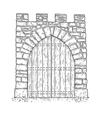 10木门封闭的中世纪石制决定门的卡通涂鸦画插图