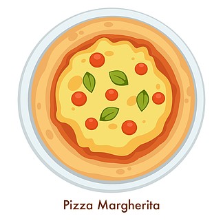 比<i>萨</i>玛格丽特意大利菜矢量美食孤立的矢量餐樱桃番茄融化的奶酪和罗勒糕点在盘子烹饪餐厅或咖啡厅烹饪食谱比<i>萨</i>店菜单上。意大利美食披<i>萨</i>玛格丽特意大利海鲜食品