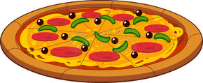 卡通整个意大利辣香肠披萨加辣椒。在透明背景上隔离的矢量手绘插图