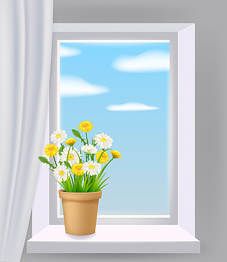 室内窗户、春天、花盆、窗台上的雏菊和蒲公英、窗帘。矢量图模板，孤立现实，横幅。室内窗景、春天、花盆、窗台上的雏菊和蒲公英、窗帘。矢量图逼真