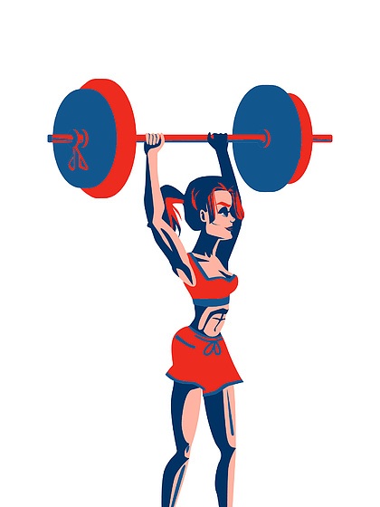 女孩健美运动员举起一个重量很大的杠铃,在健身房进行运动训练,卡通
