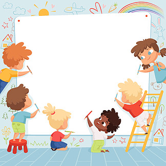 儿童框架。可爱的人物儿童绘画和玩文本矢量模板的空白地方。孩子们在白色横幅上画画，人物学龄前画家插图。儿童框架。文字矢量模板的可爱人物儿童绘画和玩耍空地