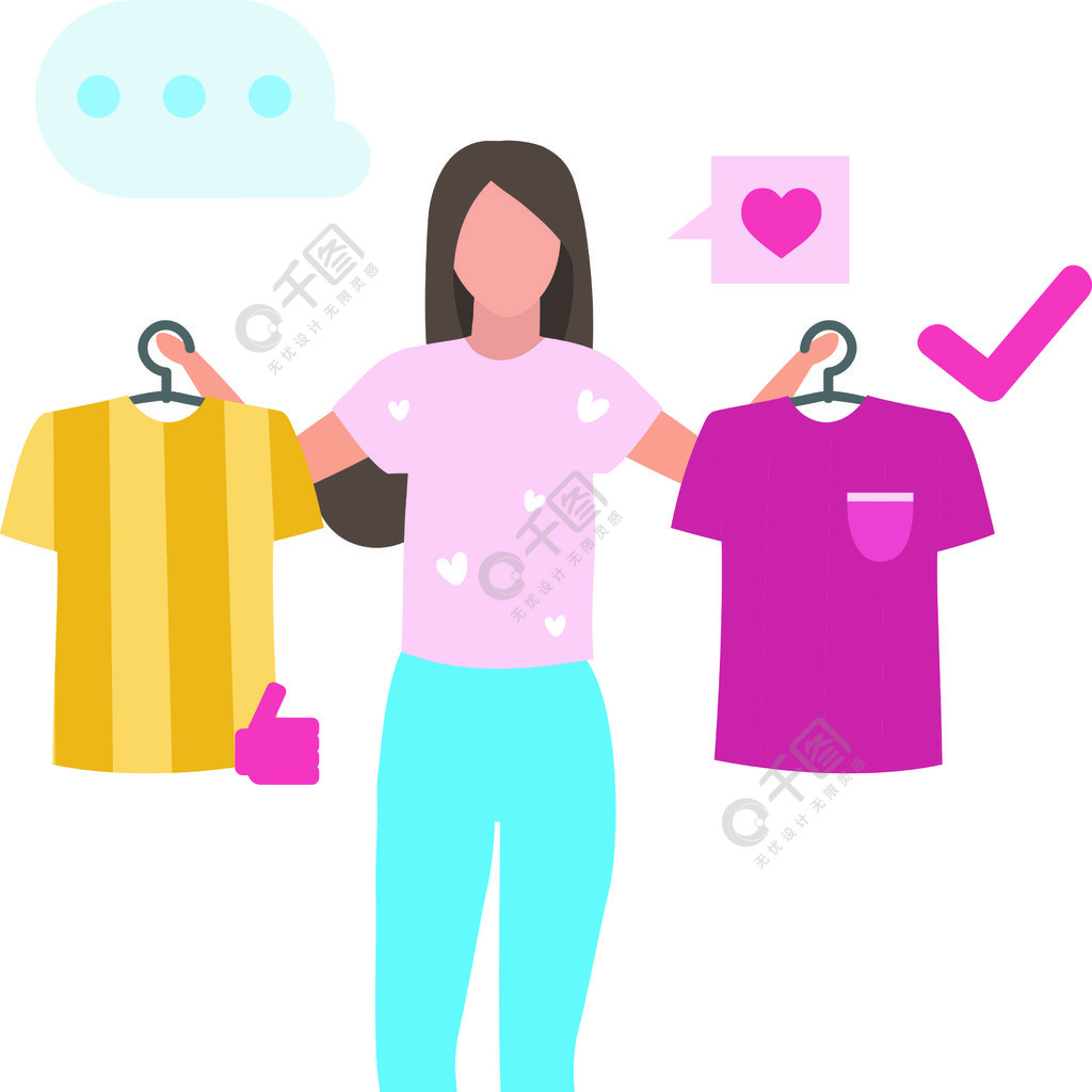 女孩买t恤平面矢量图女人做决定商场里的消费者买衣服卡通人物顾客在