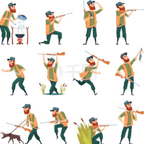 猎人。狙击手户外人用武器猎鸭行动构成矢量字符。猎人角色与设备、娱乐射击、爱好插图。猎人。狙击手户外人用武器猎鸭行动构成矢量人物