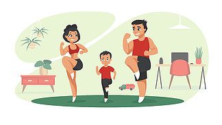 家庭锻<i>炼</i>。卡通人物在家做体育锻<i>炼</i>，有儿童概念的室内活动。矢量插图妈妈和爸爸在健身房锻<i>炼</i>身体。家庭锻<i>炼</i>。卡通人物在家做体育锻<i>炼</i>，有儿童概念的室内活动。矢量妈妈和爸爸锻<i>炼</i>插画