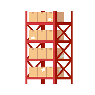 带箱子的仓库货架。红色金属架与米色方形纸板封闭包裹、包装货物存<i>储</i>和组织、工业装运、运输货物矢量平面隔离插图。带箱子的仓库货架。带有纸板封闭包裹的红色金属架、包装货物<i>储</i>存和组织、工业装运、运输货物矢量平