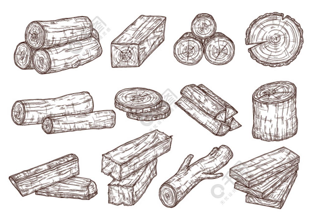 素描木材原木树干和木板林业建筑材料手绘隔离矢量集插