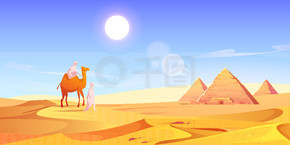 埃及沙漠中的两个男人和骆驼与金字塔。用阿拉伯贝都因人、黄色沙丘、古代法老墓和天空中的烈日描绘景观的矢量卡通画。埃及沙漠中的两个人和骆驼与金字塔