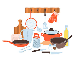 烘焙和烹饪工具组合,涂鸦风格炊具和餐具,卡通锅碗瓢盆, i