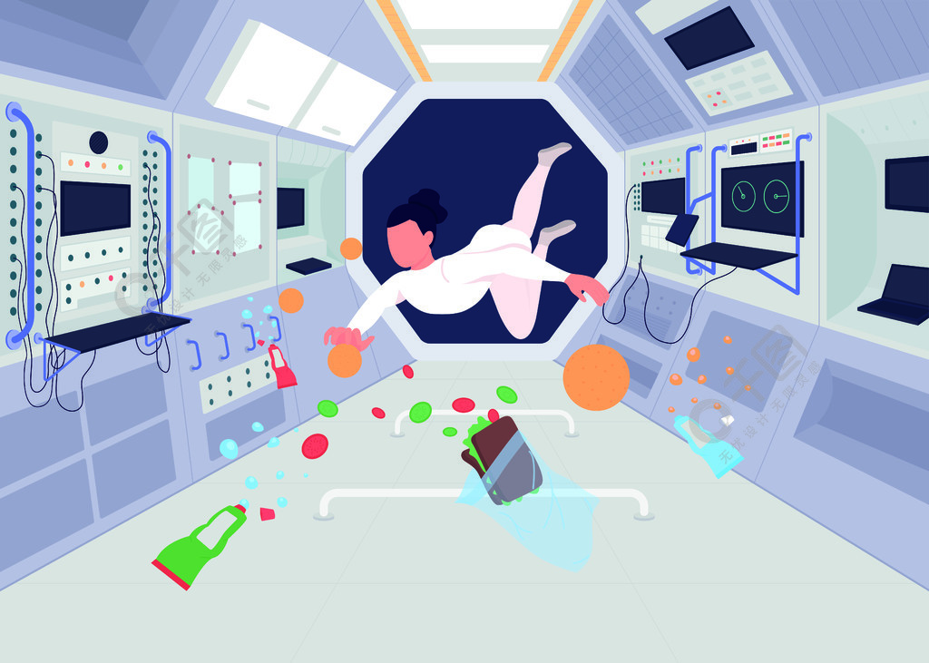 人在零重力下飞行,有很多不同的食物 2d 卡通人物,背景是火箭上的特殊