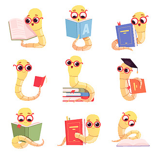 书虫字符蠕虫儿童阅读书籍学校图书馆矢量收藏中的小婴儿动物