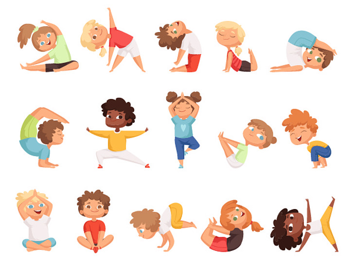 孩子们以不同的姿势锻炼身体健康的运动矢量卡通人物