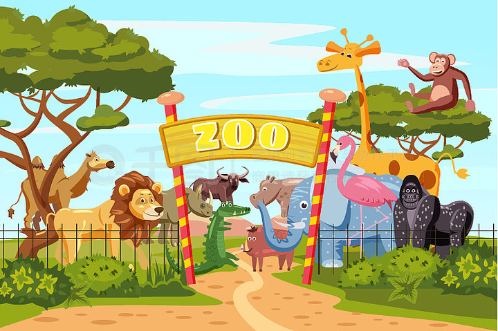 动物园入口门卡通海报与大象长颈鹿狮子野生动物园动物和游客在领土
