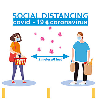 社会距离和 COVID-19 冠状病毒爆发<i>传</i><i>播</i>概念的预防。保持2米的安全距离。社会距离和 COVID-19 冠状病毒爆发<i>传</i><i>播</i>概念的预防。在超市银行药房排队时与他人保持 2 米的安全距离。字符男人和女人