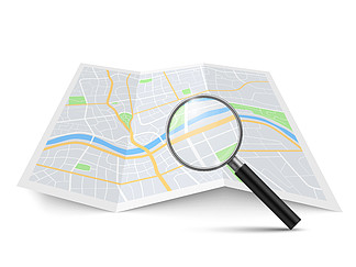 逼真的放大镜和地图。放大缩放街道搜索城市景观，在地理手册上搜索位置在城市导航概念矢量 3d 隔离插图中找到方向。逼真的放大镜和地图。放大缩放街道搜索，在地理手册上搜索位置在城市导航概念向量中找到方向 
