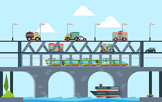 景观与桥梁。速度卡车<i>公</i><i>路</i>桥与汽车矢量卡通背景插图。河上<i>公</i><i>路</i>交通运输。景观与桥梁。速度卡车<i>公</i><i>路</i>桥与汽车矢量卡通背景插图