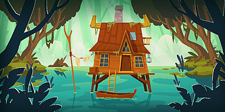 沼泽的高跷房子与小船。与旧小屋的沼泽<i>景</i>观。带有湖泊、池塘或沼泽的带木屋的野生雨林的矢量卡通画。沼泽的高跷房子有小船的