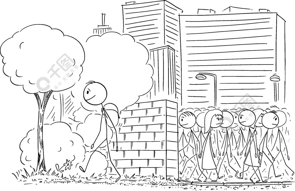人离开大城市和人群在大自然中旅行的矢量卡通棒图插图