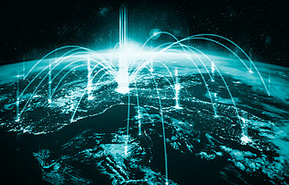 以创新感<i>知</i>线覆盖地球的全球网络连接。 5G 无线数字连接的概念和物联网的未来。 3D 插图.. 全球网络连接覆盖地球与创新感<i>知</i>线