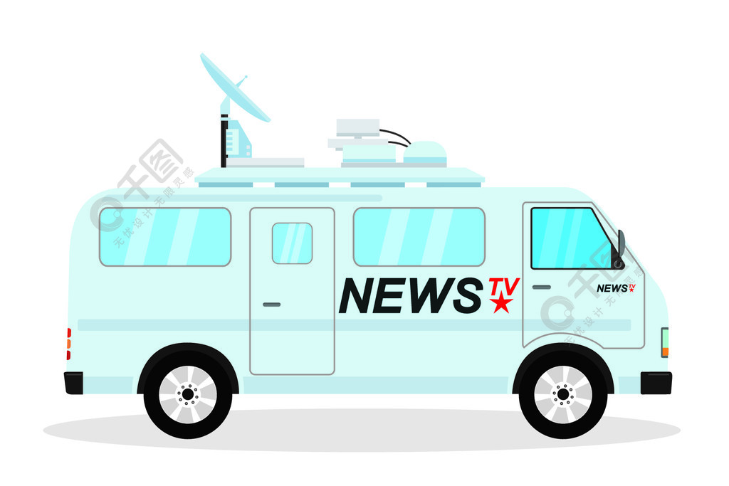 现代新闻卡车移动广播车白色背景隔离平面矢量图解