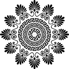 传统复古黑白圆圈希腊装饰品和花卉图案矢量希腊装饰曲流