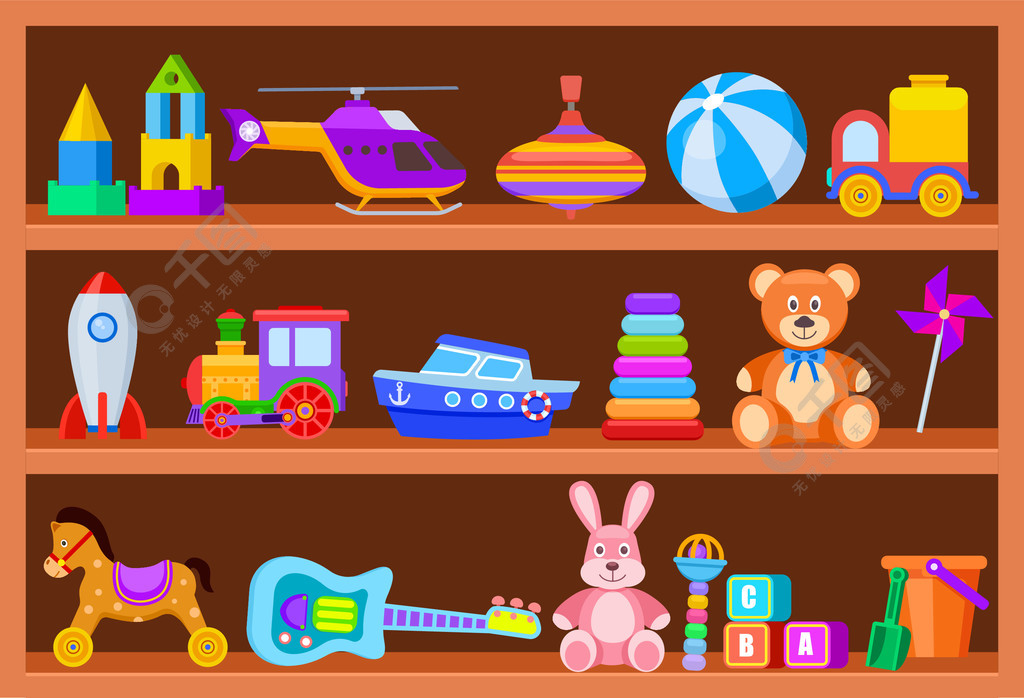 货架上的儿童玩具儿童玩具在游戏室的木制商店架子上卡通球和火车旋转