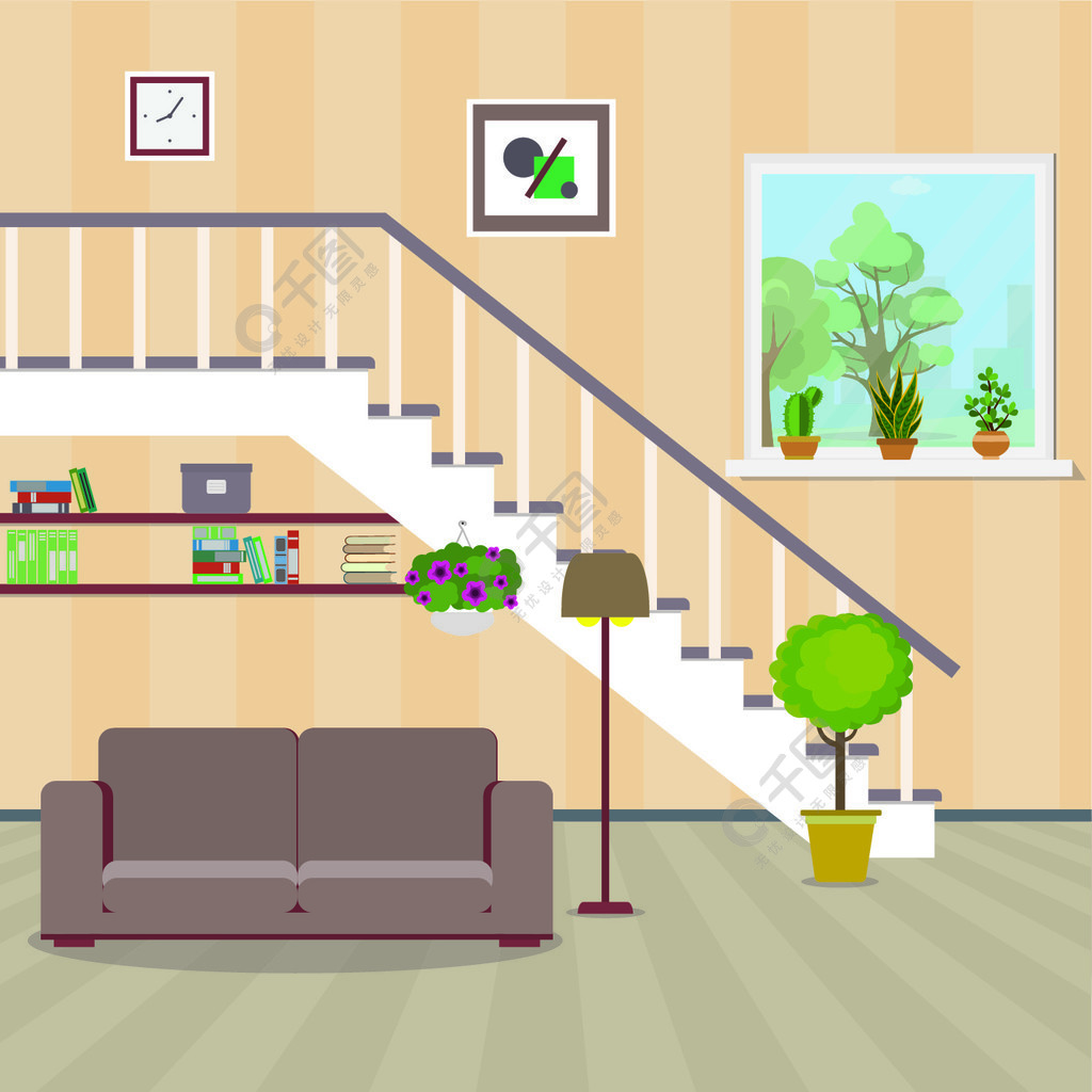 家居室内楼梯下的沙发带植物灯和其他家具的花瓶平面矢量图