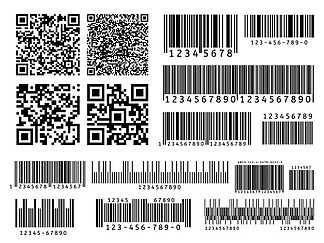 产品条形码。工业条码、二维码和扫描条标签。库存徽章代码，超市扫描标志矢量集。商品识别码、产品 ID 标签插图包