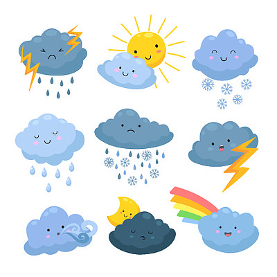 气象预报向量集插图雨和雪,风暴和风卡通天气云雨,雪元素