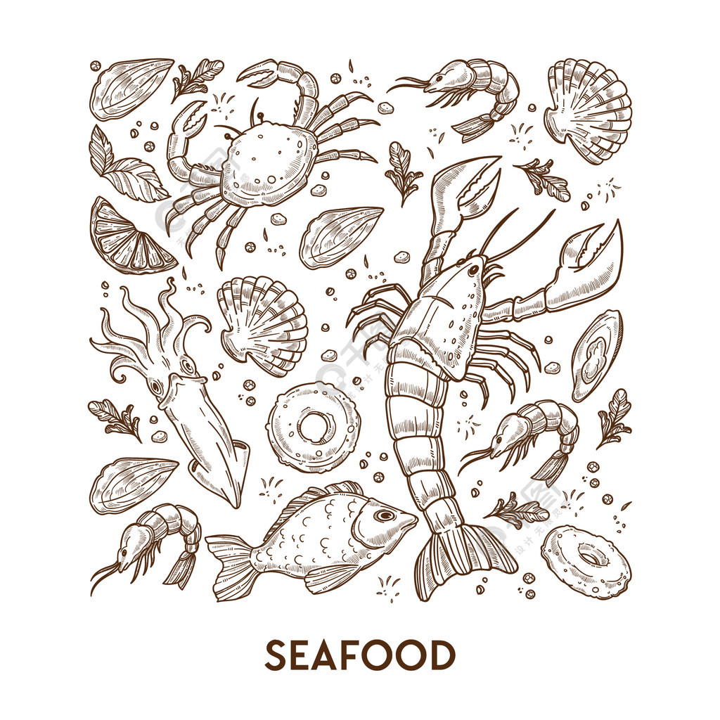 海鲜素描鱼蟹和龙虾虾或虾矢量鱿鱼和鲑鱼牡蛎和软体动物柠檬片和绿色