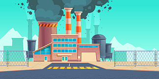 烟囱冒出黑烟的厂房。工业生产造成的空气污染。矢量卡通景观与煤电厂或<i>化</i><i>学</i>制造与管道中的脏云。烟囱冒黑烟的厂房