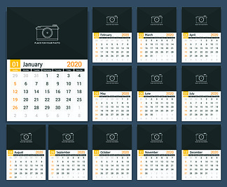 2020 日历模板，星期从星期日开始，a3 尺寸，照片位置，矢量 eps10 插图。 2020 年日历