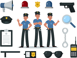 设备,徽章,手铐和对讲机,警棍,枪,儿童矢量平面卡通隔离集的专业符号