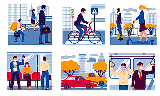 运输中的人。现实的男人和女人<i>步</i><i>行</i>、乘坐公共汽车或地下车厢和驾驶汽车、自<i>行</i>车或踏板车上班。城市车辆，矢量城市交通场景平面集。运输中的人。现实的男人和女人<i>步</i><i>行</i>上班，乘坐公共汽车或地下车厢，驾驶汽车或踏板车