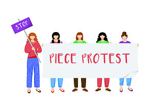 和平抗议平面矢量图。抗议者、活动<i>人</i>士聚集在白色背景上孤立的卡通<i>人</i>物。有反战标语牌的年轻女性。和平的社会示威。和平主义概念。和平抗议平面矢量图