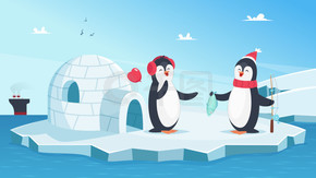 恋爱中的可爱企鹅。圣诞冬季动物。卡通企鹅在海洋中的冰上，带有鱼矢量图。鱼和企鹅，冰山上的快乐动物。恋爱中的可爱企鹅。圣诞冬季动物。海洋中冰上的卡通企鹅与鱼矢量图
