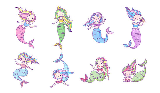 幻想生物与贝壳,儿童童话神话,可爱漂亮的海洋人物平面矢量孤立女孩
