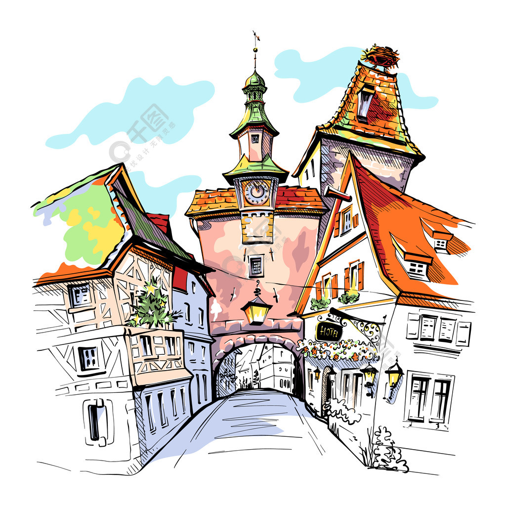 中世纪街道插画图片