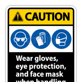 小心戴手套、护眼和面罩标志隔离在白色背景上，矢量图 EPS.10