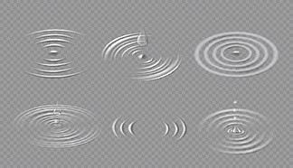 水滴和涟漪。水面上的圆形波浪。落水滴和同心圆在水坑中飞<i>溅</i>。液体波纹矢量集侧视图。在透明上隔离的流体的螺旋运动。水滴和涟漪。水面上的圆形波浪。落水滴和同心圆在水坑中飞<i>溅</i>。液体波纹矢量集