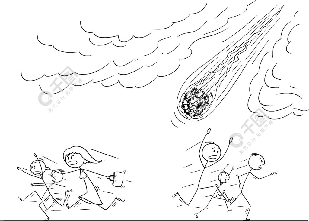 矢量卡通棒图绘制了一群人或人群从坠落的小行星撞击地球或陨石中惊慌