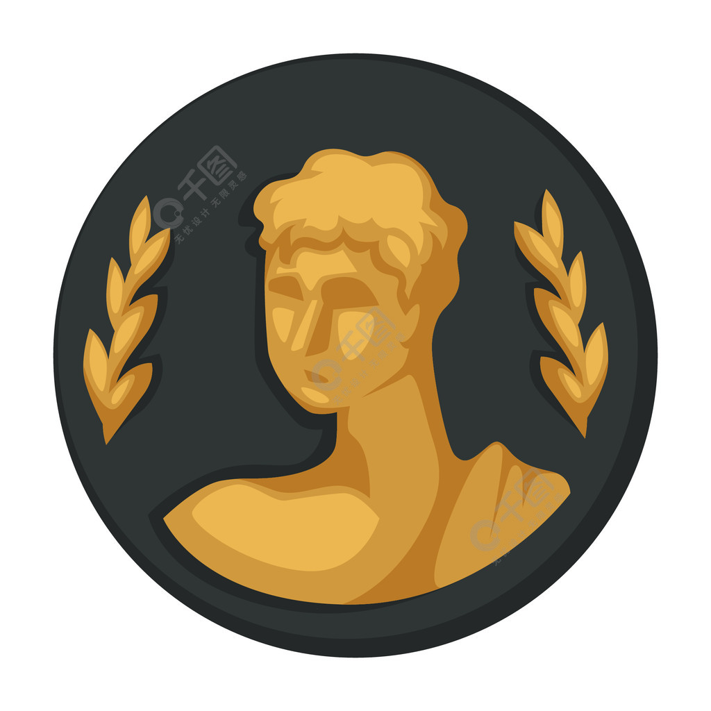 拜占庭符号朱利叶斯凯撒金色肖像和橄榄枝孤立对象矢量罗马尺头和植物