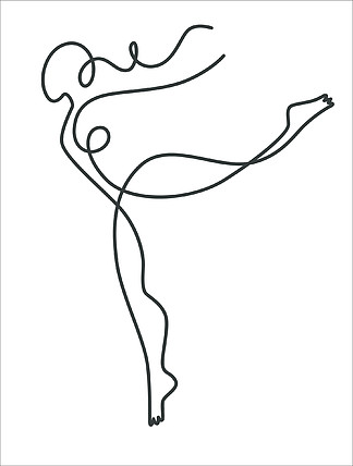 连续线条艺术绘画、芭蕾舞演员或芭蕾舞演员勾勒出孤立的草<i>图</i>矢量。线性人形，漩涡和卷曲墨水画，女性剪影在一条线，跳舞和运动。芭蕾舞演员或芭蕾舞演员轮廓<i>图</i>，连续线条艺术