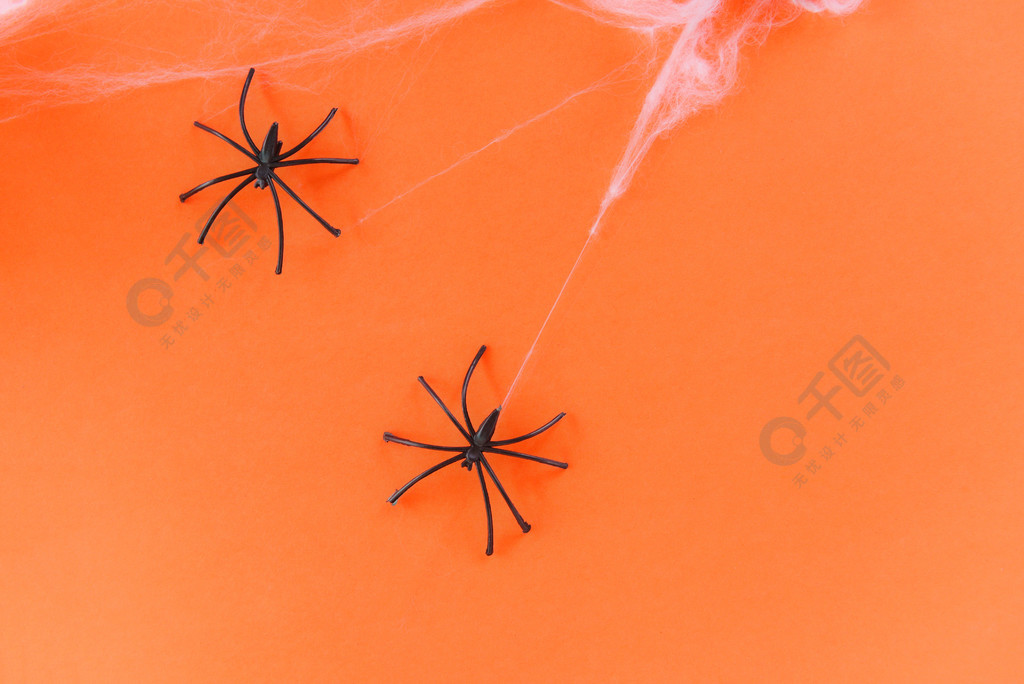 万圣节背景与蜘蛛网和黑色蜘蛛在橙色装饰节日节日派对配饰对象概念