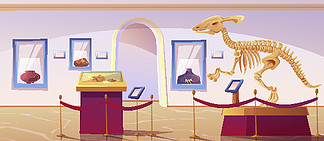 历史<i>博</i><i>物</i>馆内部有恐龙骨架和考古展品。古生<i>物</i>学和考古学、史前动<i>物</i>和古代文<i>物</i>展览的矢量卡通画。与恐龙骨骼的历史<i>博</i><i>物</i>馆内部