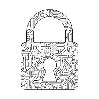 在数字数据代<i>码</i>和安全技术概念中使用白色背景上的电路板图案纹理保护密<i>码</i>的安全锁图标。抽象插图