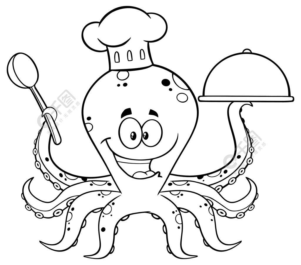 黑色和白色章鱼厨师卡通人物在银盘中供应食物在白色背景上隔离的矢量